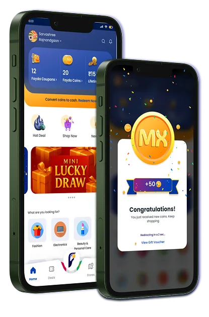 FaydaMX app: the home screen with coins and coupons, and the screen shown after earning coins
